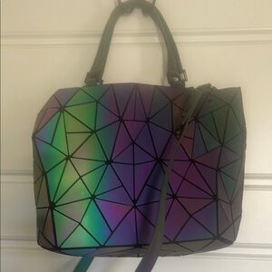Green and Purple Geometric Shoulder Bag with Holographic Effect